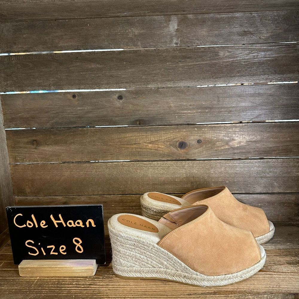 New Womens Cole Haan Cloudfeel Southcrest Tan Leather Espadrille Wedges Size 8 B